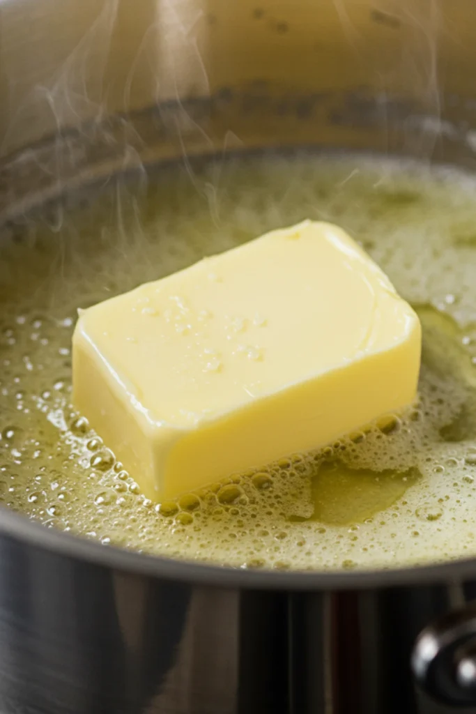 Melting butter in a saucepan to start the garlic parmesan sauce.