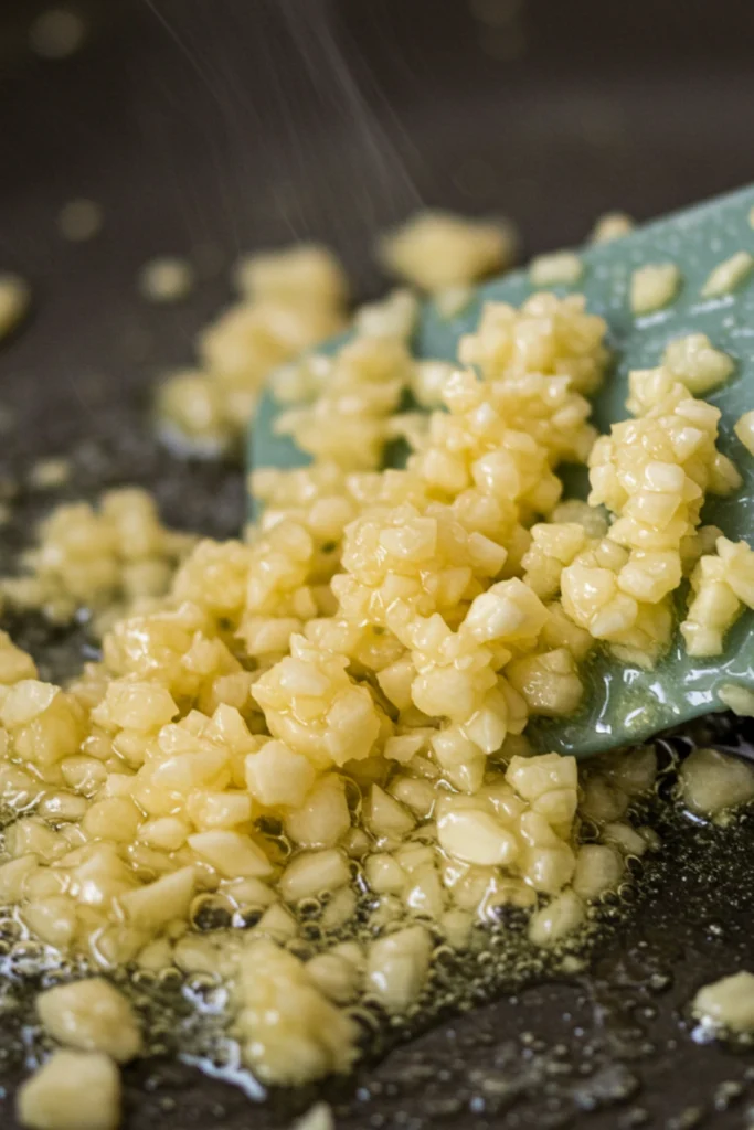 Sautéing fresh minced garlic in butter for a flavorful garlic parmesan sauce.