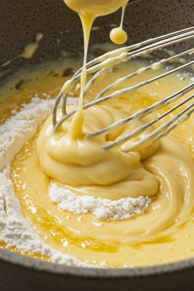 Creating a smooth roux by whisking flour into butter for the garlic parmesan sauce base.