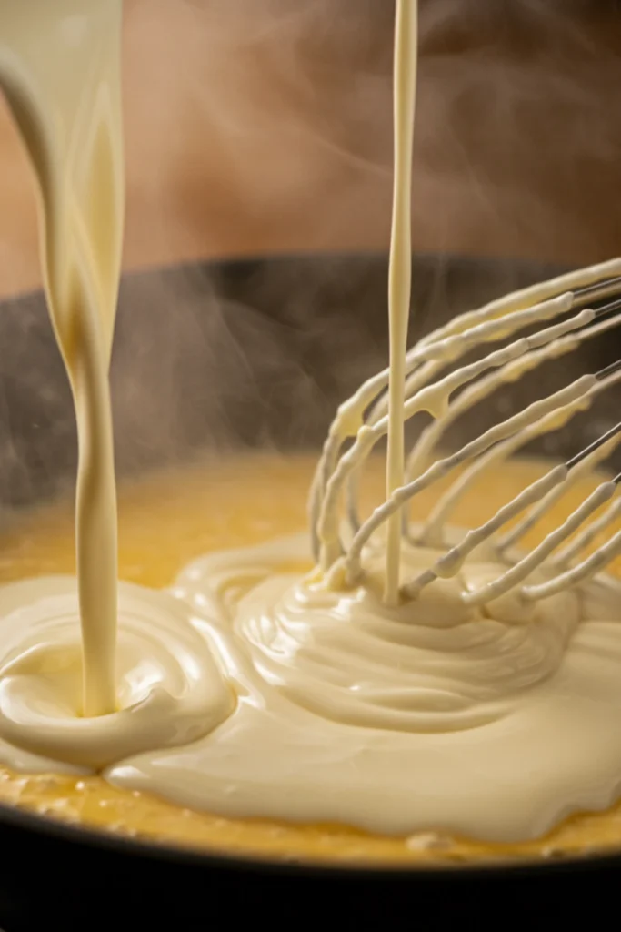 Whisking heavy cream into the roux to create a creamy base for the garlic parmesan sauce.