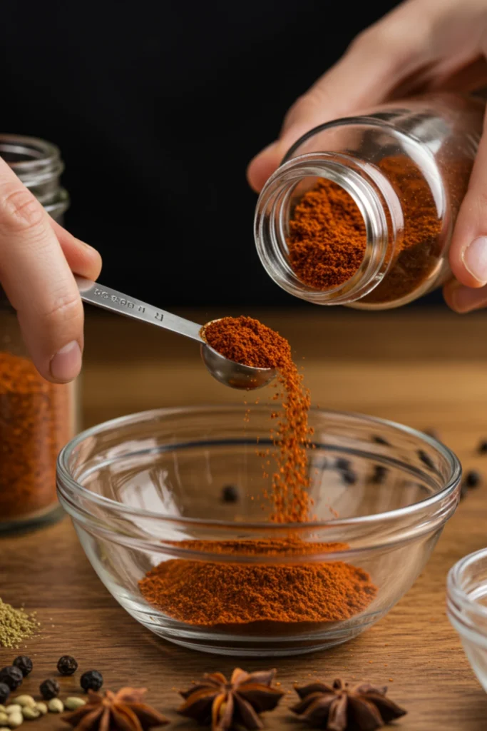 Measuring spices from jars to make a homemade chili seasoning recipe.