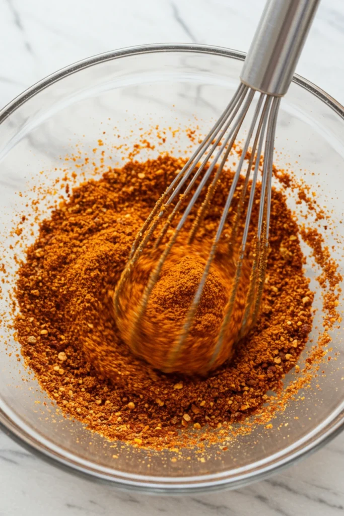 Whisking together all the ingredients for a flavorful chili seasoning recipe.
