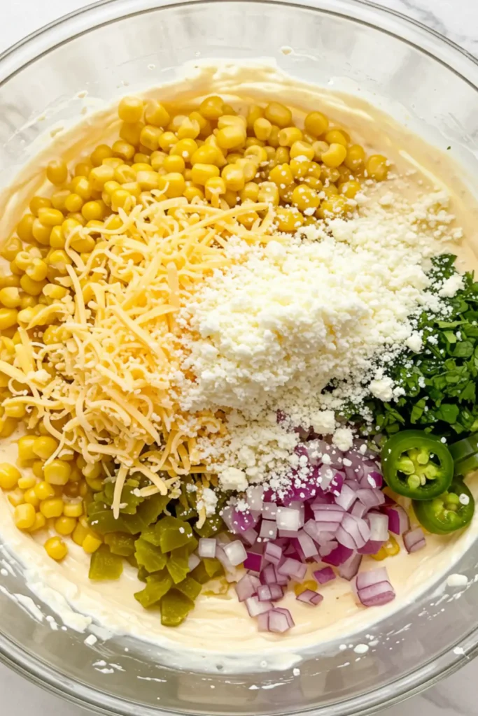 A vibrant bowl of the creamy base with corn, shredded cheese, and chopped cilantro being added in, ready to be mixed for the street corn dip.