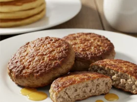 A plate of juicy homemade beef sausage patties from our pork-free sausage recipe, ready for a delicious breakfast.