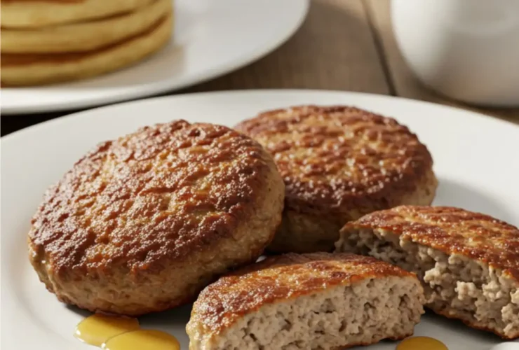 A plate of juicy homemade beef sausage patties from our pork-free sausage recipe, ready for a delicious breakfast.