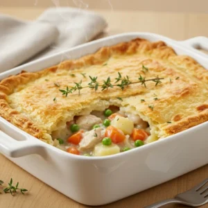 chicken pot pie casserole recipe card image