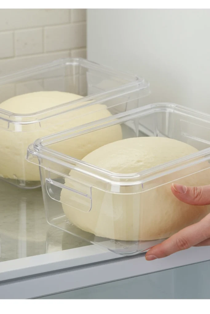 Placing the di fara pizza dough recipe into the fridge for cold fermentation.