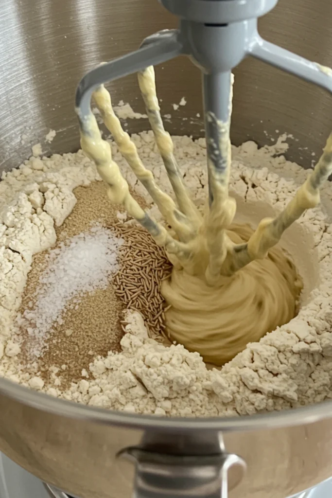 Whisking the dry ingredients for the di fara pizza dough recipe.