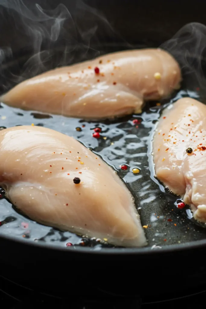 Chicken breasts poaching in a skillet for the white chicken enchiladas filling.