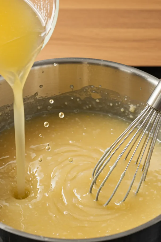 Whisking chicken broth into the roux to create a smooth base for the white chicken enchiladas sauce.