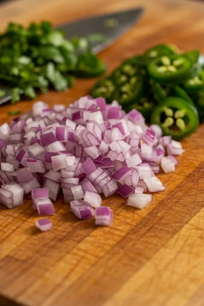 A close-up shot of finely diced red onion, jalapeño, and chopped cilantro on a wooden cutting board, prepped for the street corn dip recipe.