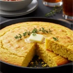 A slice of golden cornbread with melting butter on top, served in a cast-iron skillet.
