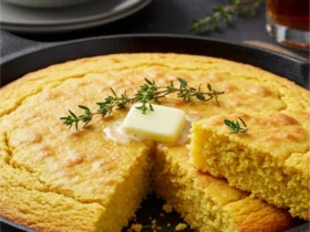 A slice of golden cornbread with melting butter on top, served in a cast-iron skillet.