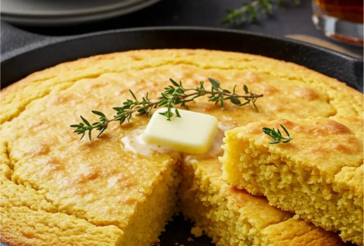 A slice of golden cornbread with melting butter on top, served in a cast-iron skillet.