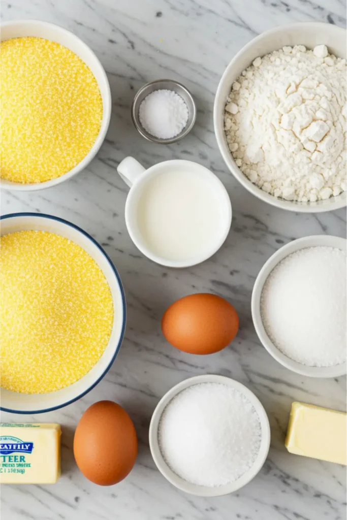 Ingredients for cornbread, including flour, cornmeal, egg, and buttermilk, arranged on a countertop.