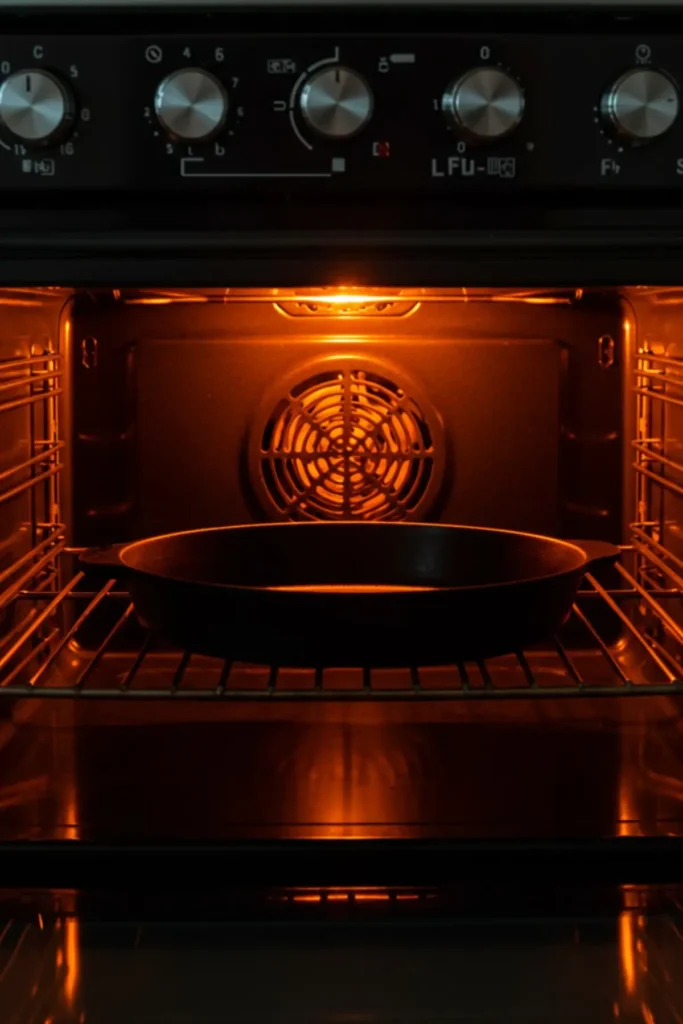 A black cast-iron skillet heating up inside an oven.
