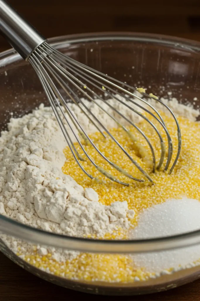 A whisk mixing flour and cornmeal together in a clear glass bowl.