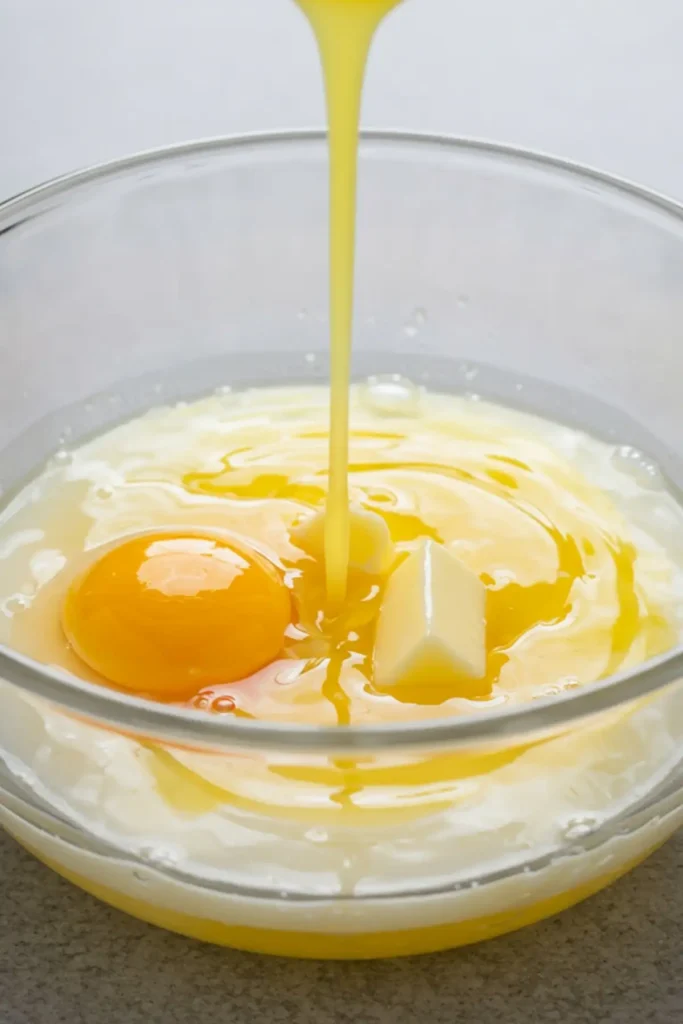 Melted butter being whisked into buttermilk and an egg in a glass bowl.