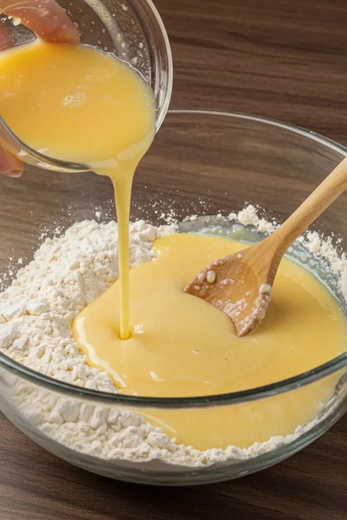 Pouring wet ingredients into the dry ingredients to make cornbread batter.