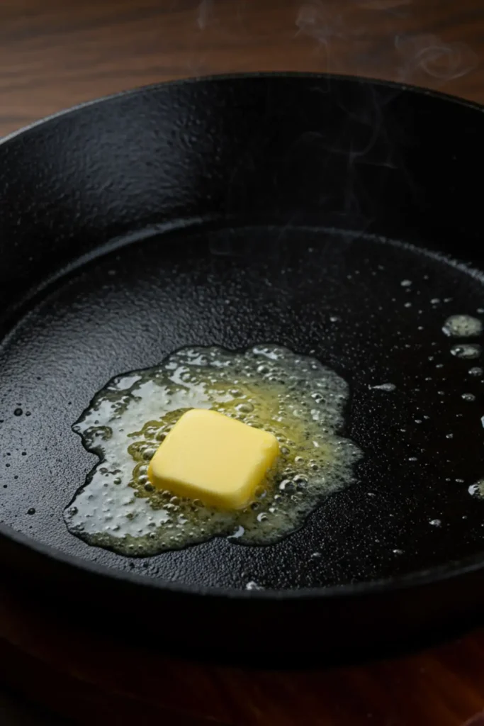 Butter sizzling and melting in a hot cast-iron skillet.