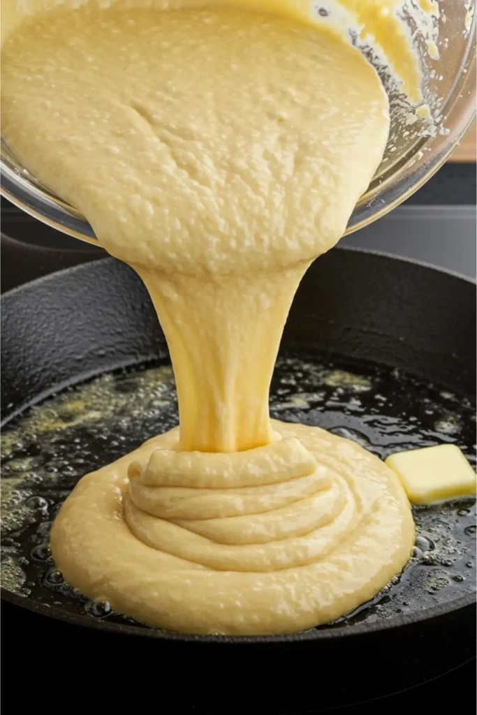 Cornbread batter being poured into the hot, buttered skillet before baking.