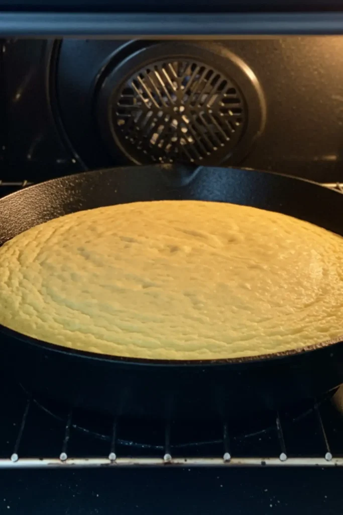 Cornbread baking to a golden brown in a cast-iron skillet in the oven.