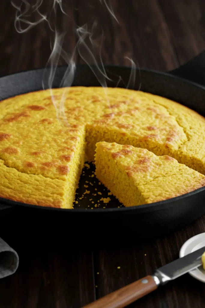 The finished golden-brown cornbread cooling in its cast-iron skillet.