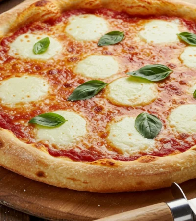 The finished pizza made with the ultimate di fara pizza dough recipe, ready to be sliced.