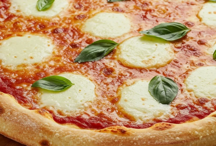 The finished pizza made with the ultimate di fara pizza dough recipe, ready to be sliced.
