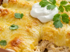 A serving of the best white chicken enchiladas, showing the creamy interior and golden cheese top.