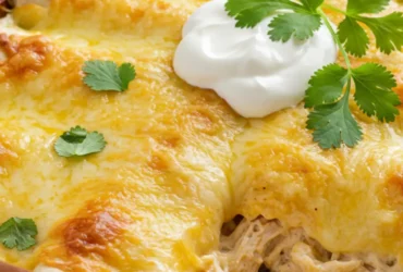 A serving of the best white chicken enchiladas, showing the creamy interior and golden cheese top.
