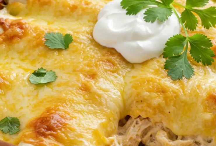A serving of the best white chicken enchiladas, showing the creamy interior and golden cheese top.