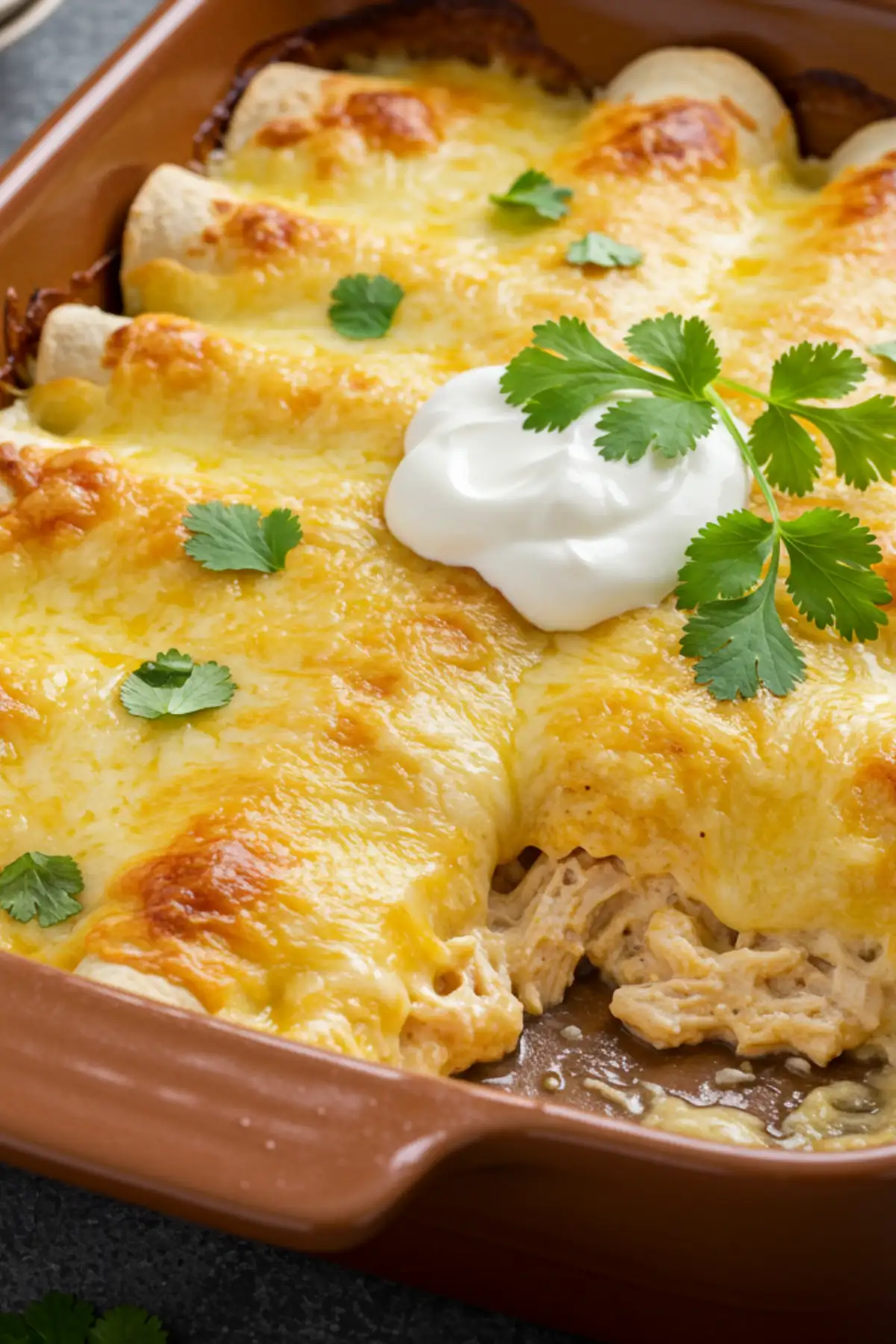 A serving of the best white chicken enchiladas, showing the creamy interior and golden cheese top.