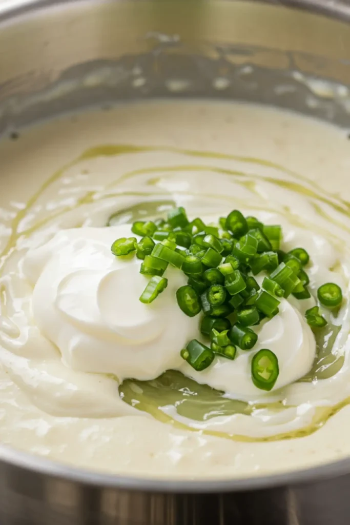 Stirring sour cream and green chiles into the sauce for white chicken enchiladas.