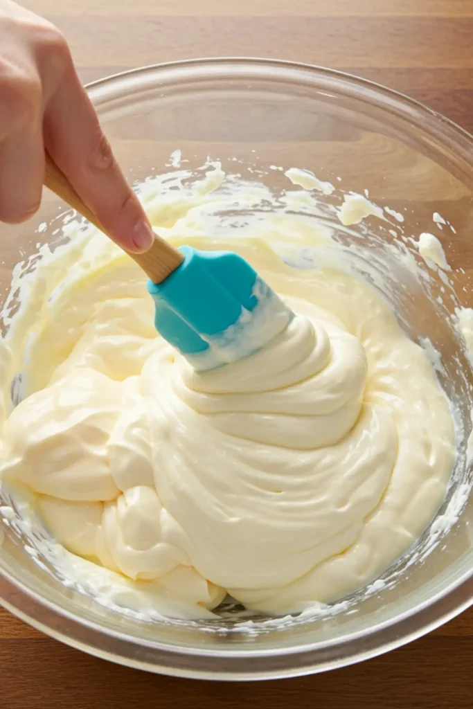 A white mixing bowl showing a smooth, creamy mixture of cream cheese, mayonnaise, and sour cream being stirred with a spatula for the dip.