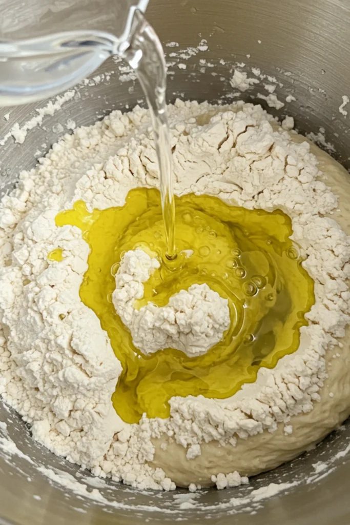 Adding wet ingredients to the flour to start the di fara pizza dough recipe.