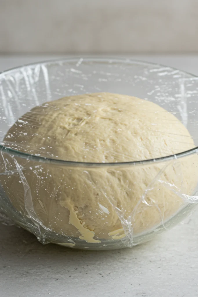 The di fara pizza dough recipe after its first rise, doubled in size.