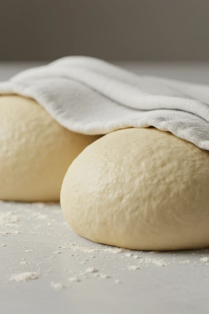 The cold di fara pizza dough recipe resting at room temperature before baking.