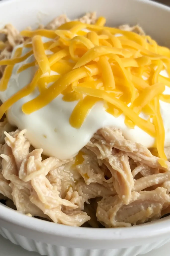 The shredded chicken filling for white chicken enchiladas mixed with sauce and cheese.