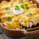 A serving of the best white chicken enchiladas, showing the creamy interior and golden cheese top.