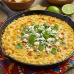 A warm and bubbly street corn dip served in a black cast-iron skillet, topped with crumbled cotija cheese, fresh cilantro, and a sprinkle of chili powder. Tortilla chips are arranged around the skillet on a rustic wooden table.