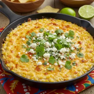 A warm and bubbly street corn dip served in a black cast-iron skillet, topped with crumbled cotija cheese, fresh cilantro, and a sprinkle of chili powder. Tortilla chips are arranged around the skillet on a rustic wooden table.
