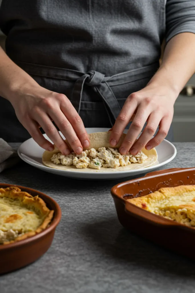 Assembling the white chicken enchiladas by rolling the filling into a tortilla.