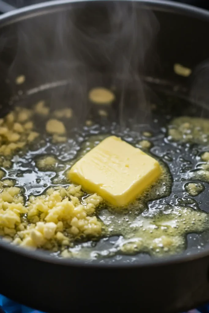 Sautéing onions and garlic in butter for the white chicken enchilada sauce.