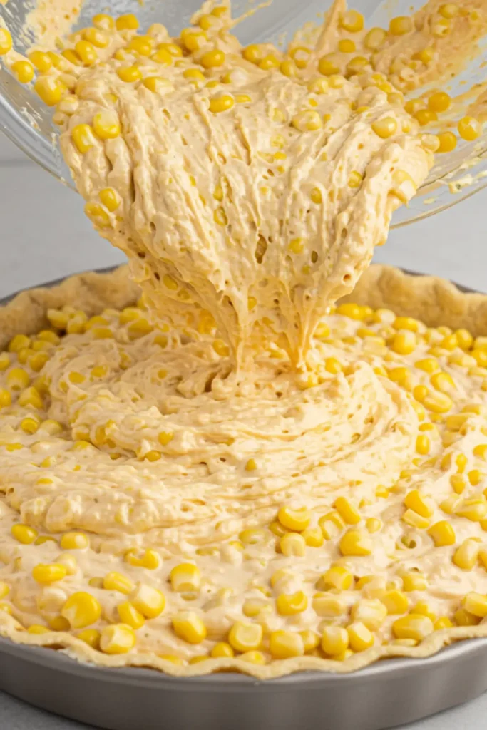 The fully mixed street corn dip being spread evenly into a round ceramic baking dish with a spatula before baking.