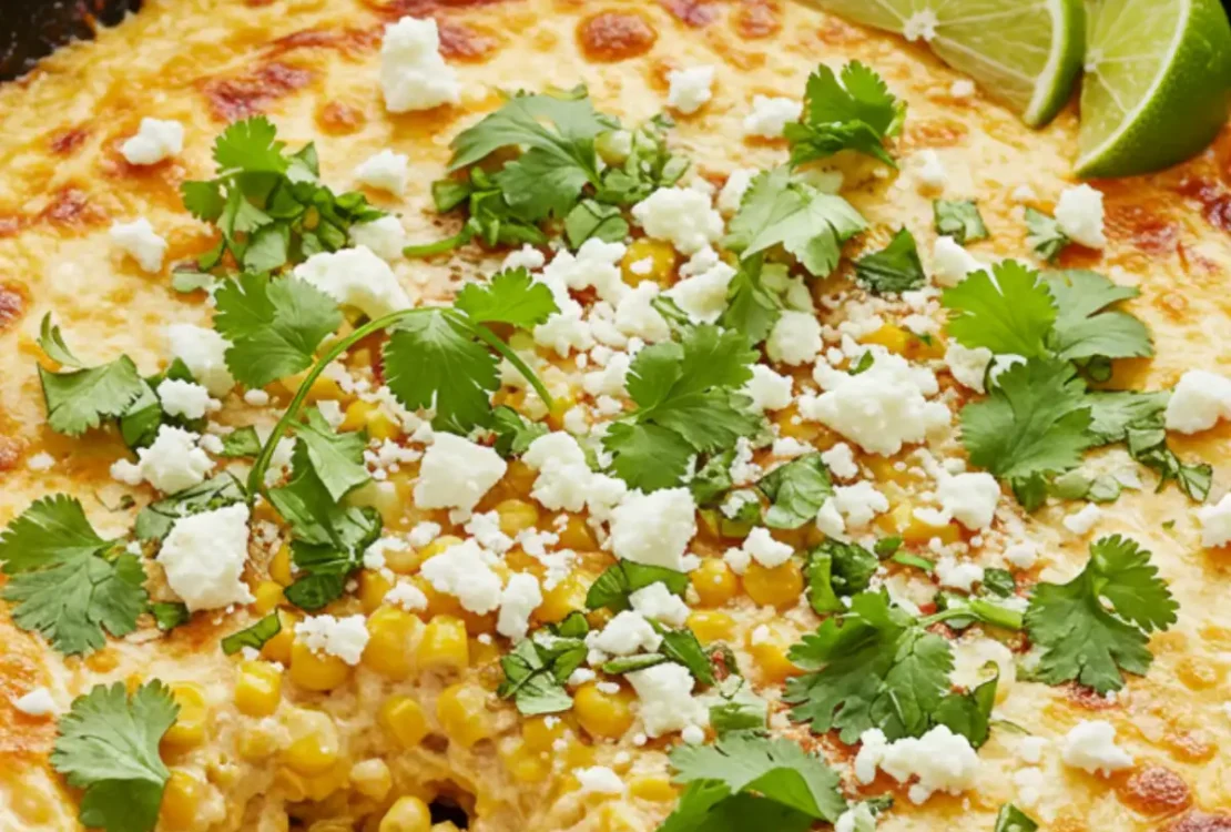 A warm and bubbly street corn dip served in a black cast-iron skillet, topped with crumbled cotija cheese, fresh cilantro, and a sprinkle of chili powder. Tortilla chips are arranged around the skillet on a rustic wooden table.