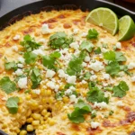 A warm and bubbly street corn dip served in a black cast-iron skillet, topped with crumbled cotija cheese, fresh cilantro, and a sprinkle of chili powder. Tortilla chips are arranged around the skillet on a rustic wooden table.