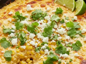 A warm and bubbly street corn dip served in a black cast-iron skillet, topped with crumbled cotija cheese, fresh cilantro, and a sprinkle of chili powder. Tortilla chips are arranged around the skillet on a rustic wooden table.