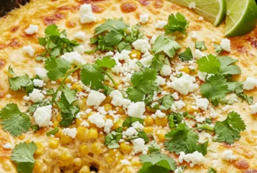 A warm and bubbly street corn dip served in a black cast-iron skillet, topped with crumbled cotija cheese, fresh cilantro, and a sprinkle of chili powder. Tortilla chips are arranged around the skillet on a rustic wooden table.
