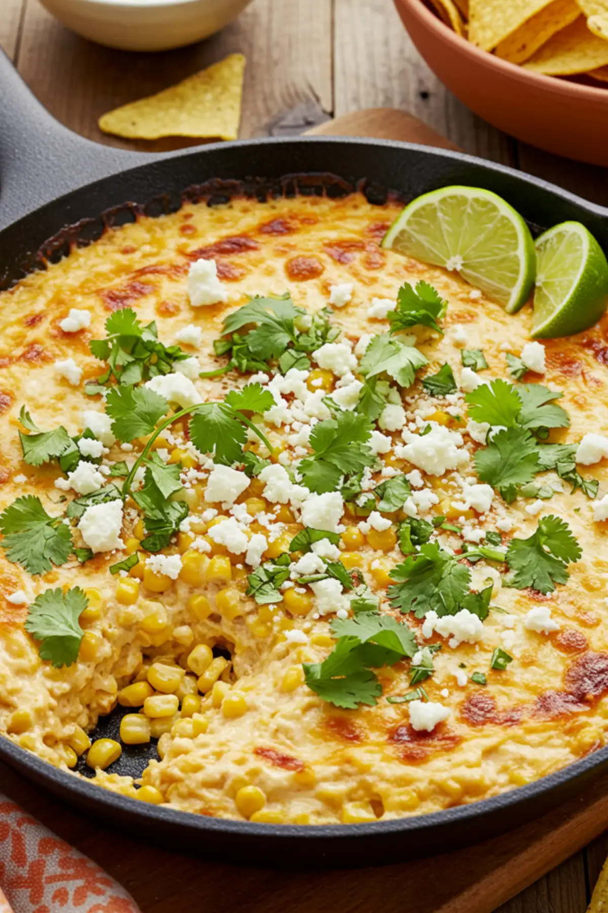 A warm and bubbly street corn dip served in a black cast-iron skillet, topped with crumbled cotija cheese, fresh cilantro, and a sprinkle of chili powder. Tortilla chips are arranged around the skillet on a rustic wooden table.